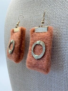 Hand Felted Eclectic Drop Earrings with gold Ring Accent in Peach